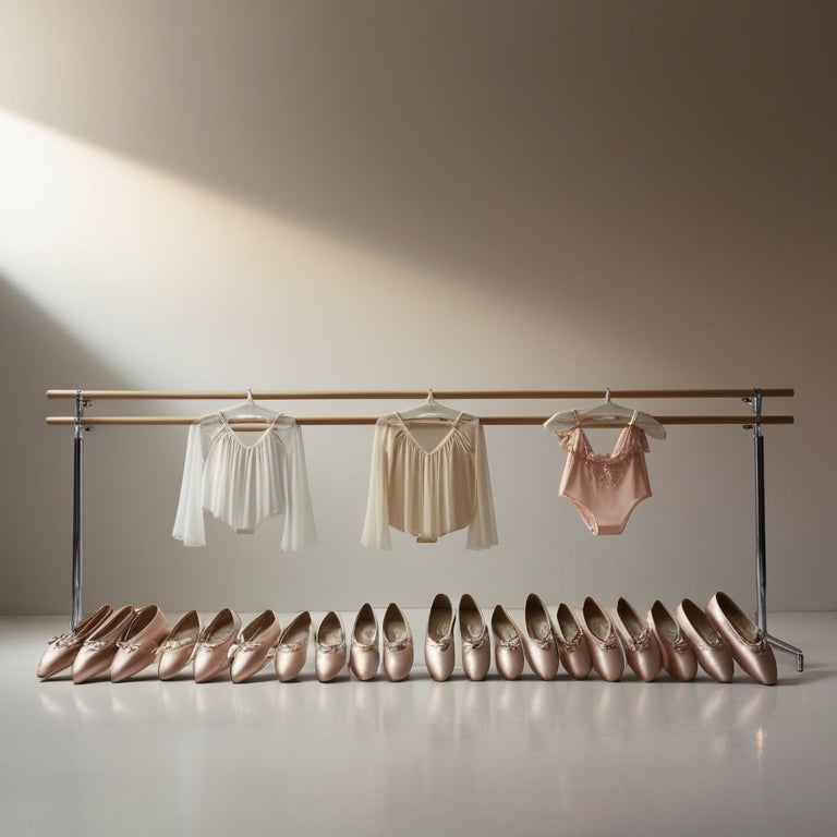 A minimalist studio setting with a ballet barre, a few elegantly draped dance costumes, and a row of pointe shoes lined up in size order, with soft, warm lighting and a subtle gradient background.