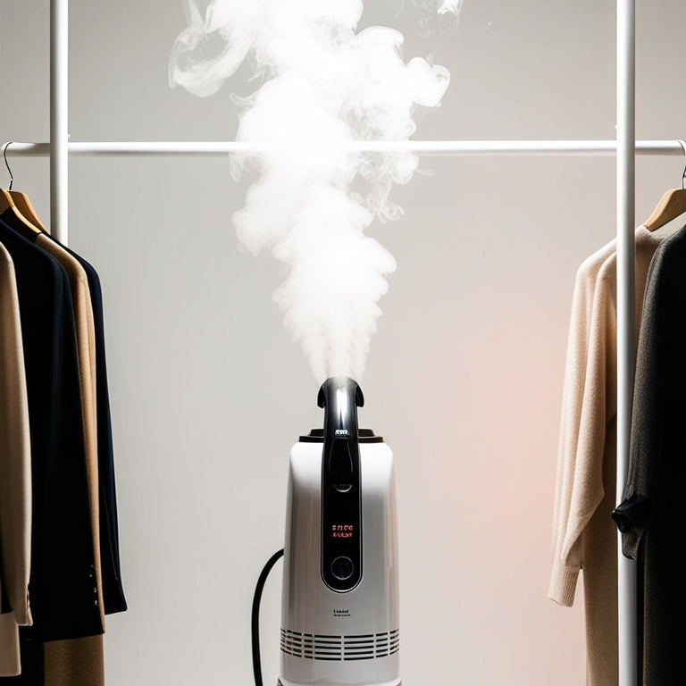 A minimalist white background featuring a modern clothes steamer in the center, surrounded by neatly hung garments, with steam wisps rising from the device, casting a soft, warm glow.