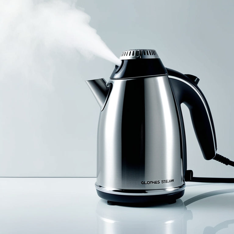 A modern, sleek full-size clothes steamer stands against a crisp white background, its stainless steel body and rounded edges gleaming, with a subtle mist emanating from the steam head.