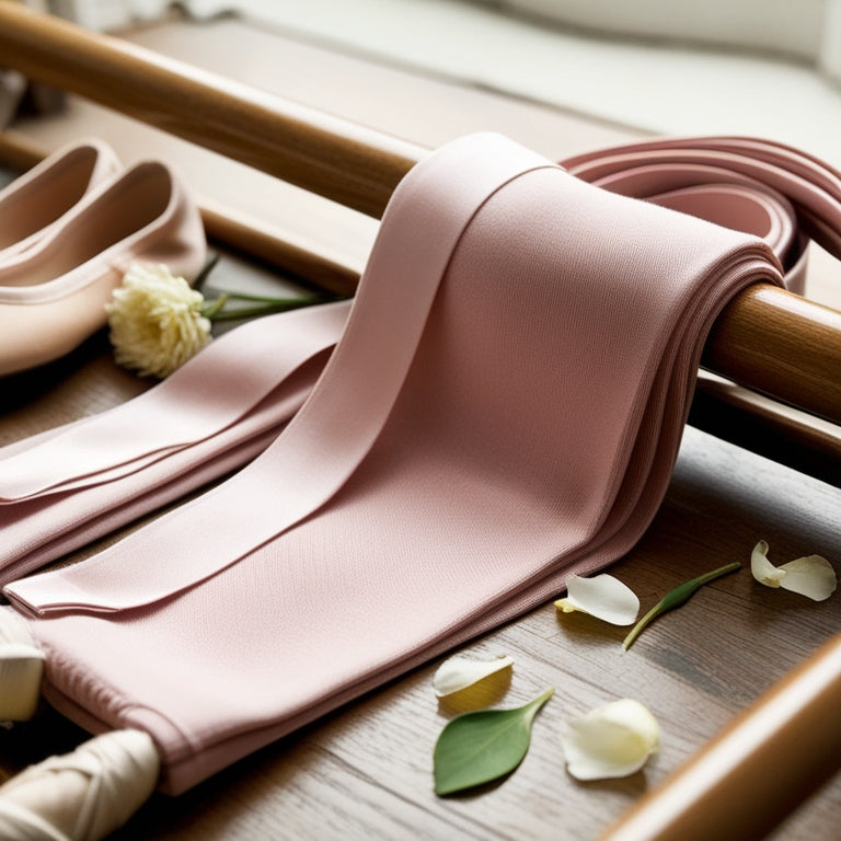 A pair of dance tights in a soft, pale pink hue, gently folded and draped across a wooden ballet barre, surrounded by Pointe shoes and delicate flower petals.