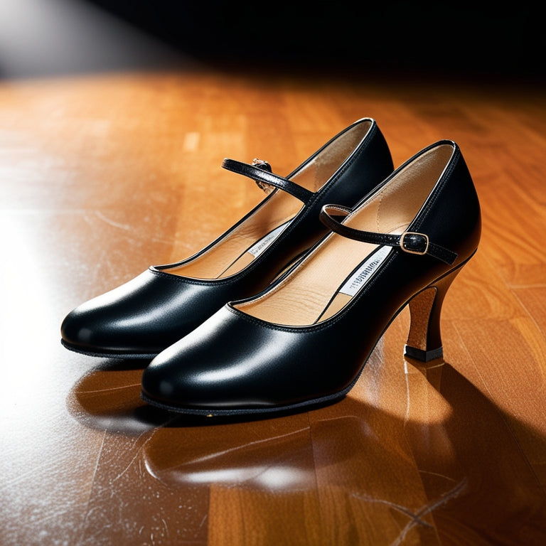 A pair of high-gloss, black leather ballroom dance practice shoes with a low heel, delicate ankle strap, and subtle buckle, posed on a polished wooden dance floor, with a hint of spotlight glow.