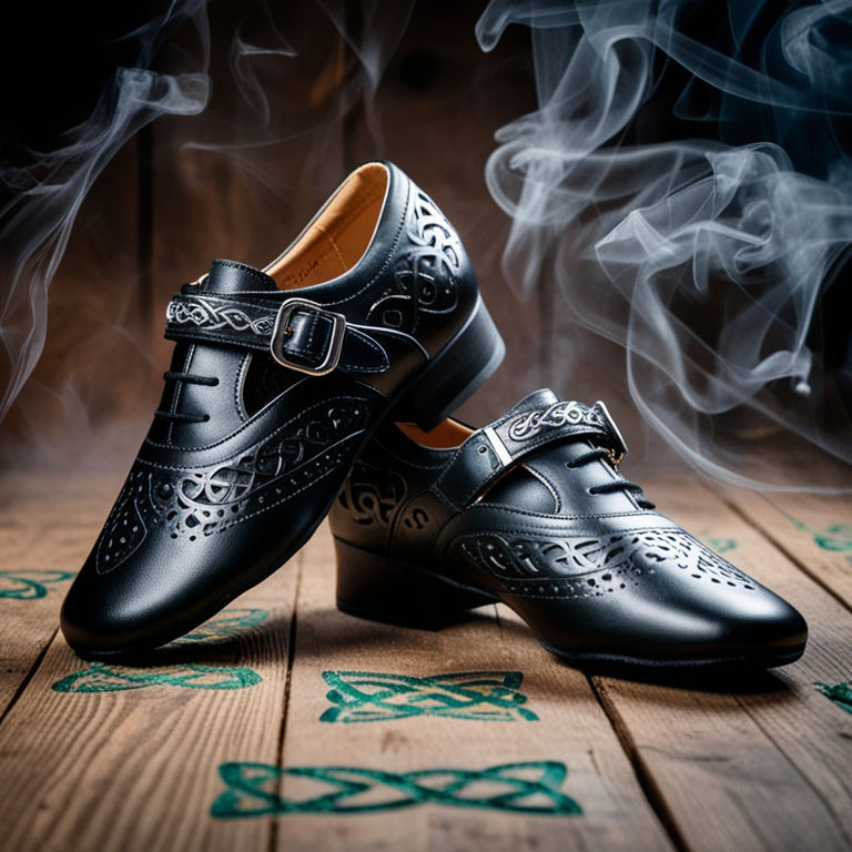 A pair of intricately designed, black leather Celtic dance shoes with silver buckles and ornate perforations, positioned on a rustic wooden floor, surrounded by wisps of mist and subtle Celtic knot patterns.