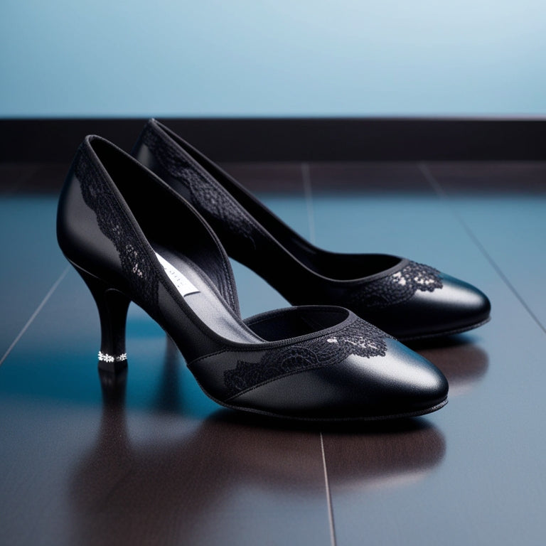 A pair of sleek, black, high-heeled dance shoes with intricate lace details and a subtle sparkle on the toe, positioned on a smooth, dark wood floor against a soft, gradient blue background.