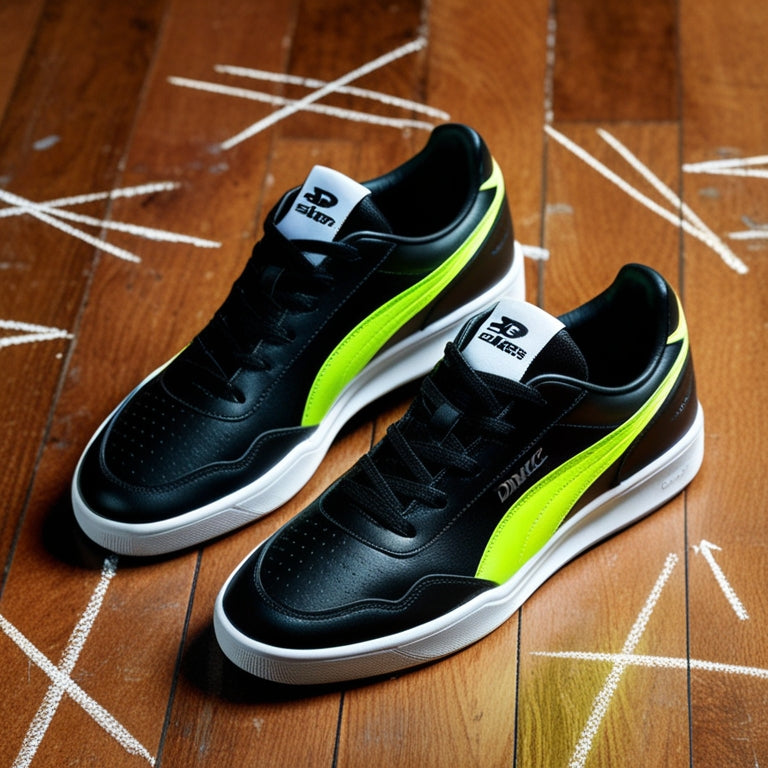 A pair of sleek, black-and-white dance sneakers with bold, neon green accents, posing on a wooden dance floor, surrounded by scattered dance moves scribbled on the floor in chalk.