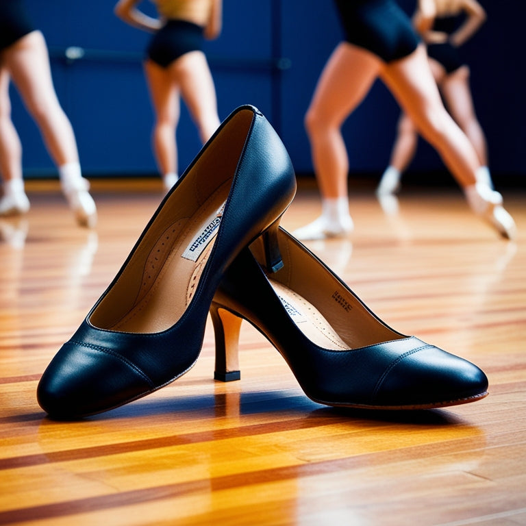 A pair of sleek, high-heeled dance shoes with visible arch support and cushioning, posed on a wooden dance floor with a blurred background of dancers in motion.