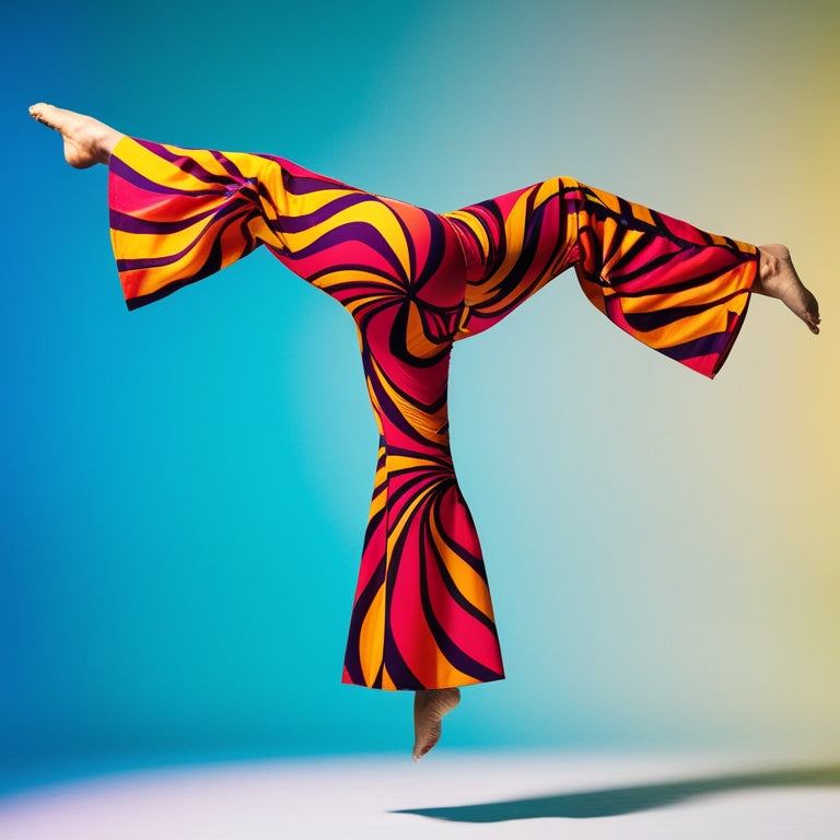 A pair of vibrant, high-waisted dance pants with bold, swirling patterns and flared legs, suspended mid-air against a bright, gradient blue background, as if frozen in a dynamic movement.