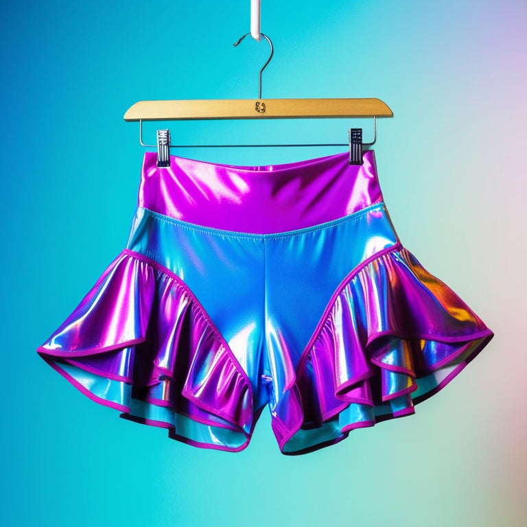 A pair of vibrant, high-waisted dance shorts with iridescent fabric, flared legs, and a flowy, layered design, hanging from a wooden hanger against a bright, gradient blue background.
