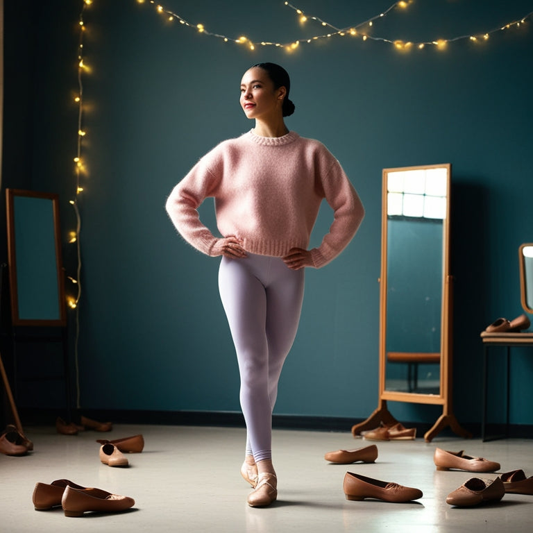 A pastel-hued, cozy sweater-clad dancer stands in a dimly lit studio, surrounded by scattered dance shoes and mirrors, with a few strands of fairy lights twinkling above.