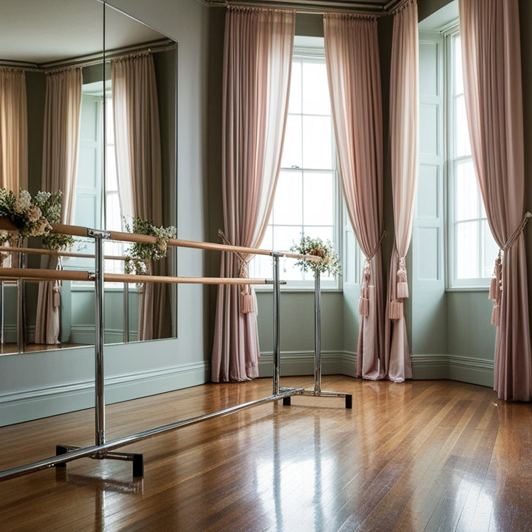 A serene dance studio with polished wooden floors, mirrors lining the walls, and sleek, silver ballet barres adorned with delicate flowers, surrounded by elegant, flowing curtains in soft pastel hues.