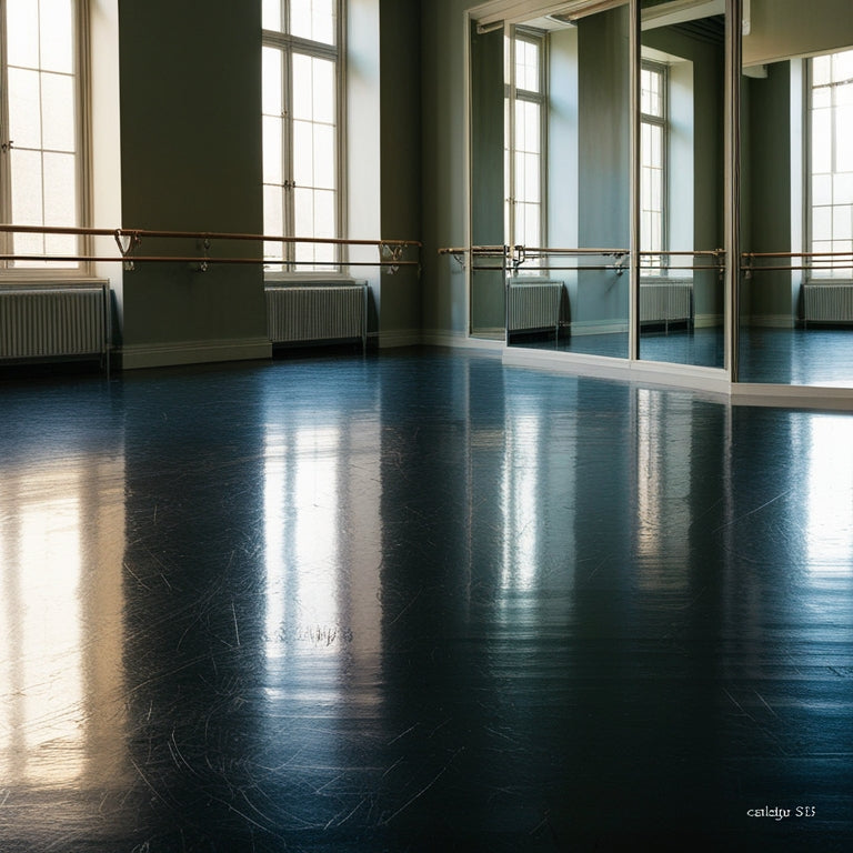 A serene, empty ballet studio with a polished, dark wood floor, gleaming with subtle scratches, surrounded by mirrors, ballet barres, and soft, natural light streaming through large windows.