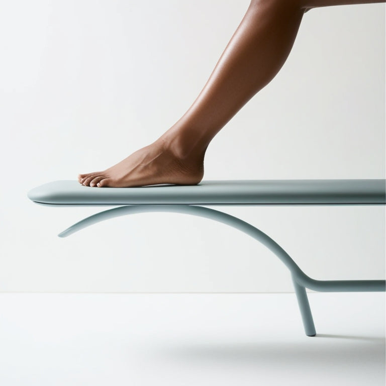 A serene, minimalist illustration of a human foot resting on a sleek, modern arch stretcher, with gentle, curved lines and soft, calming colors, set against a clean white background.
