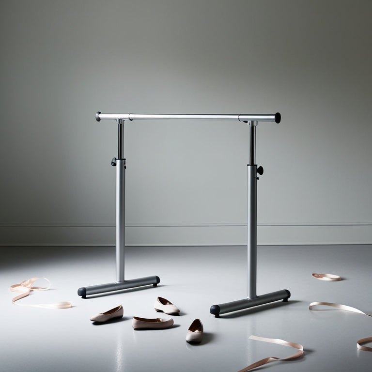 A serene, minimalist studio space with a sleek, silver folding ballet barre standing upright, its adjustable height settings visible, surrounded by scattered dance shoes and a few lone wisps of ballet ribbon.