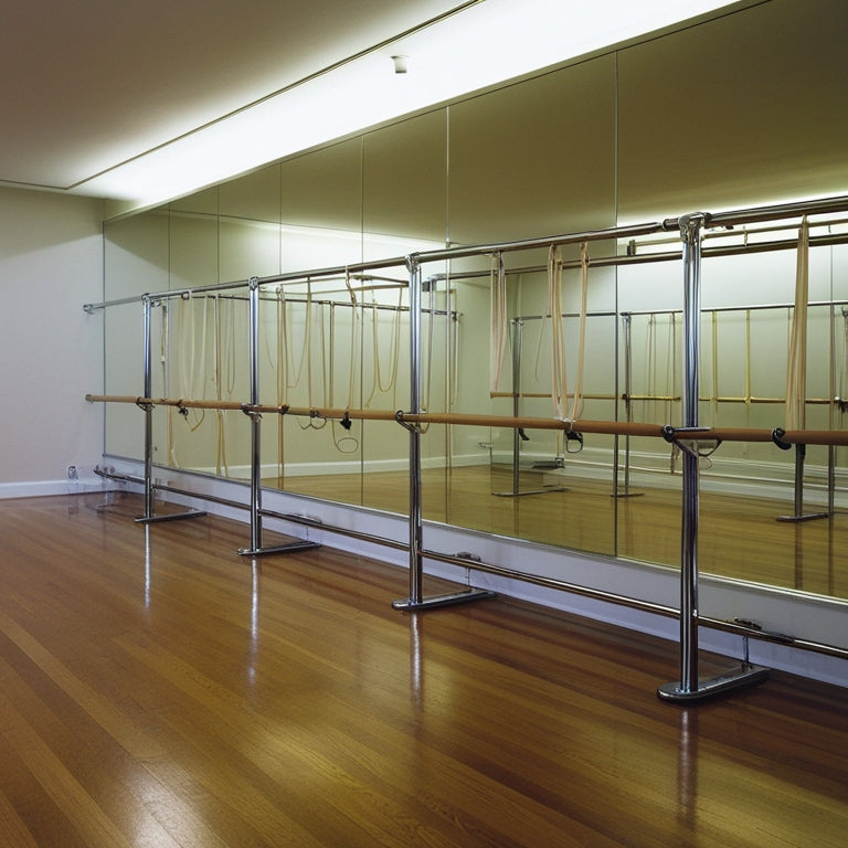 A serene, well-lit dance studio with polished wooden floors, mirrored walls, and a row of sleek, horizontal ballet barres in chrome or silver, adorned with delicate, dangling exercise bands.
