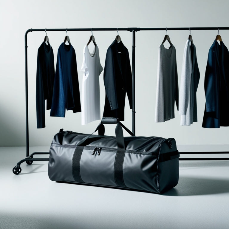 A sleek, black duffel bag with a built-in, collapsible clothes rack, surrounded by neatly hung, wrinkle-free outfits, against a minimalist, light-gray background.
