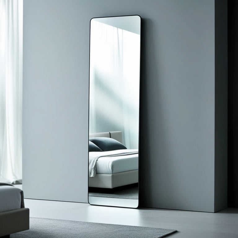 A sleek, modern bedroom with a floor-to-ceiling, shatterproof mirror standing upright against a light-gray wall, reflecting a blurred, peaceful atmosphere with subtle natural light.