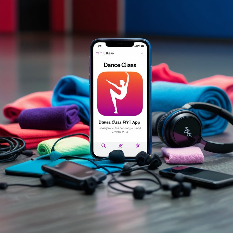 A smartphone screen displaying a dance class app, surrounded by a scattered array of dance shoes, headphones, and sweat towels, with a blurred background of a dance studio.