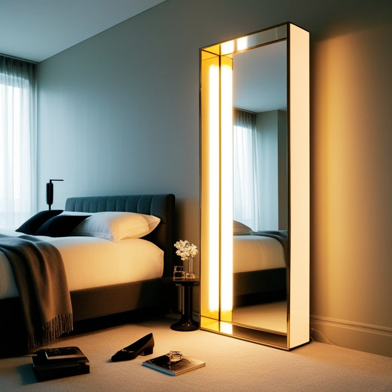 A stylish bedroom with a floor-to-ceiling corner standing mirror, reflected light casting a warm glow, surrounded by a minimalist decor and a few scattered fashion accessories.