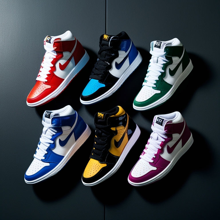 A stylized arrangement of five iconic hip hop dance sneakers in bold colors, posed on a dark gray or black background, with dramatic lighting and subtle shadows, highlighting the shoes' textures and details.