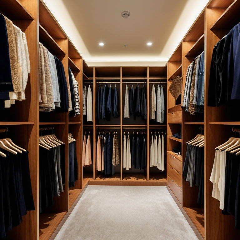 A tidy walk-in closet with multiple rows of clothing storage racks in a warm, honey-brown wood tone, holding neatly organized garments on velvet hangers and shelves with subtle LED lighting.