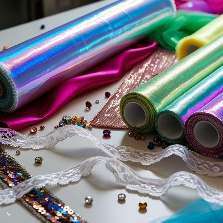 A vibrant, clutter-free workspace with rolls of iridescent organza, shimmering tulle, and metallic lame fabrics, surrounded by scattered sequins, beads, and delicate lace trims in various colors.