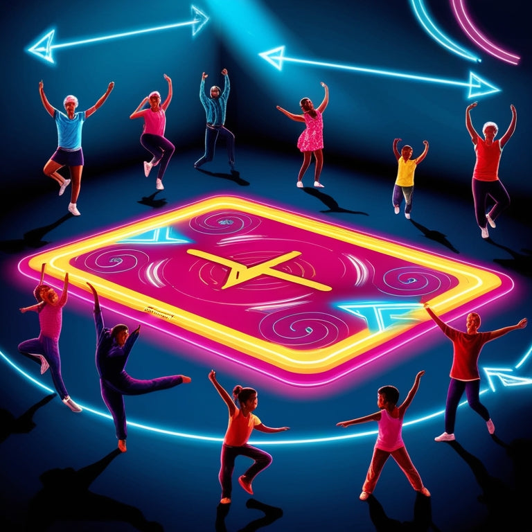 A vibrant, colorful illustration of a dance mat with glowing arrows and swirls, surrounded by dancing silhouettes of various ages and abilities, set against a dark blue background with neon lights.