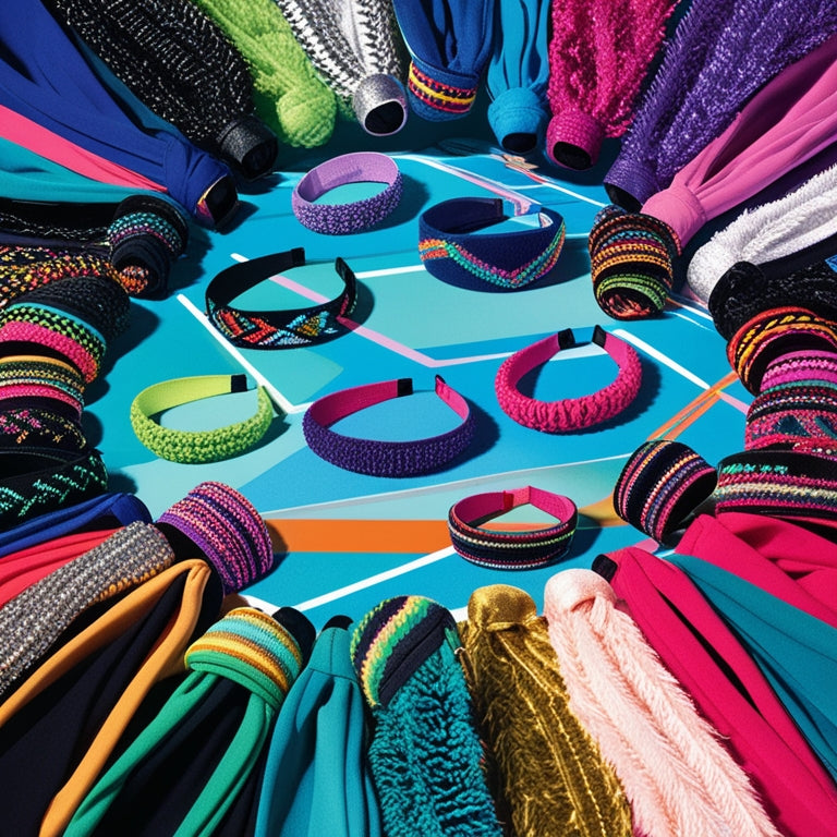 A vibrant, colorful illustration of various dance headbands in different styles, textures, and colors, arranged artfully around a central dance floor, with subtle movement and energy lines.