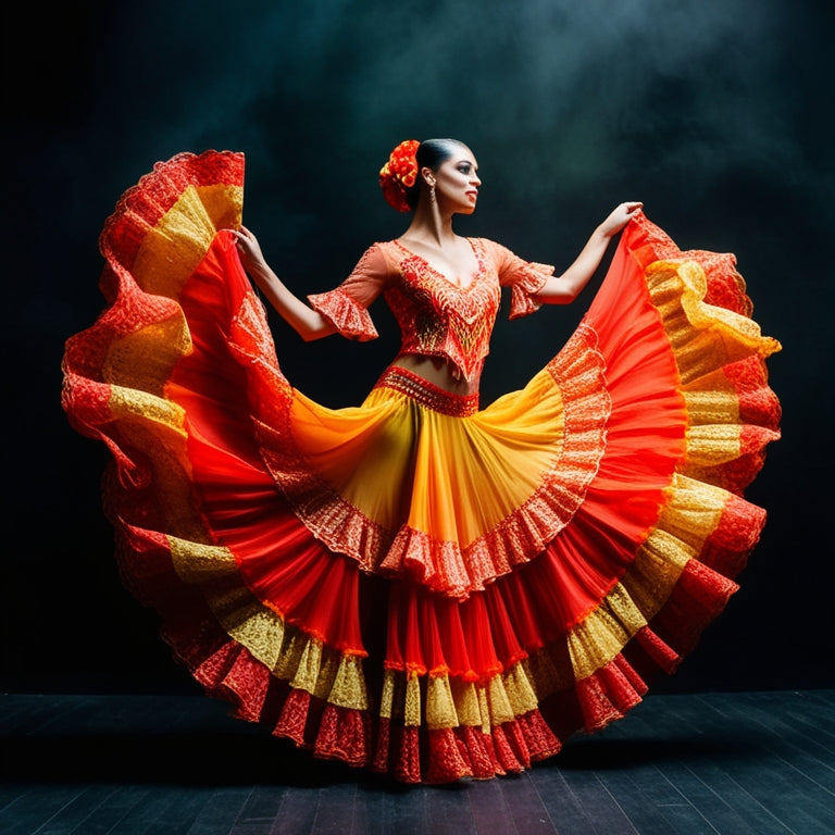 A vibrant, flowing flamenco dance costume with intricate lace, ruffles, and sequins in shades of fiery red, orange, and yellow, draping elegantly across a dark, mysterious background.