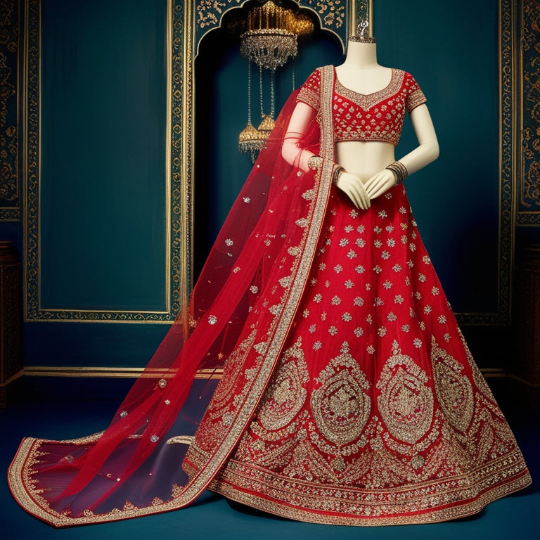 A vibrant, ornate Indian palace backdrop with a mannequin dressed in a intricately embroidered, red and gold Bollywood-inspired lehenga, adorned with sparkling gemstones and delicate silver threads.