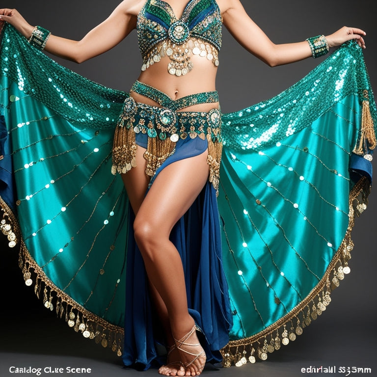A vibrant, ornate belly dance costume with intricate beading, sequins, and flowing silk fabrics in shades of emerald green, turquoise, and gold, adorned with delicate coins and tassels.