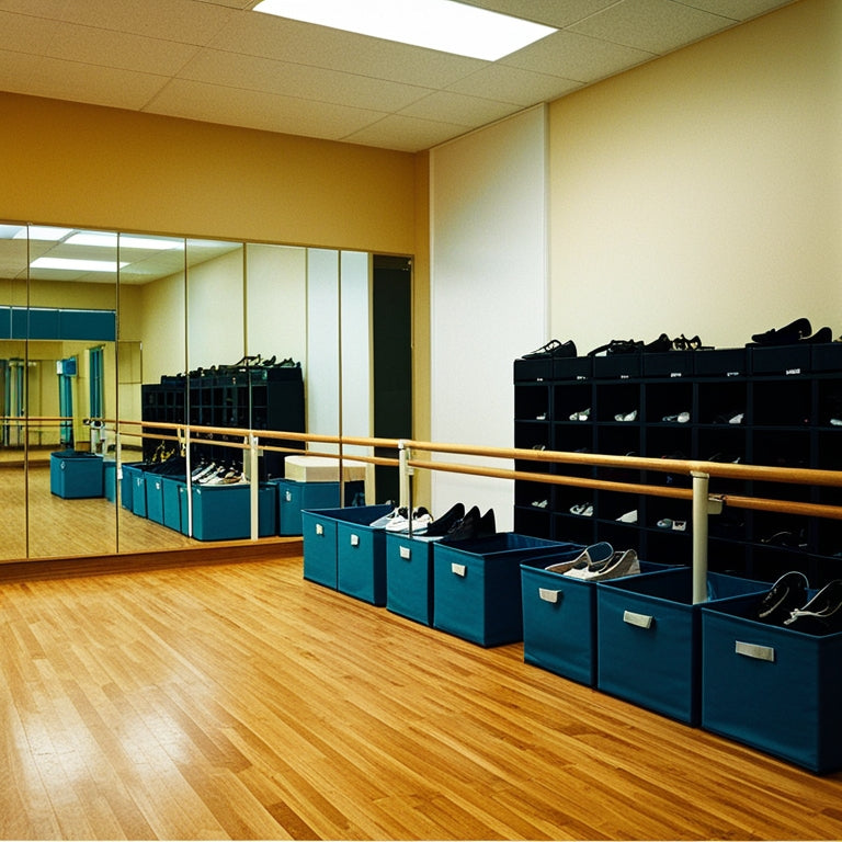 A well-lit dance studio with a wooden floor, mirrors on one side, and a ballet barre along another, surrounded by neatly organized storage bins, holding various dance shoes and accessories.
