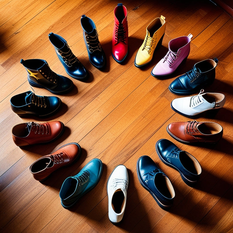 A whimsical illustration featuring a dozen pairs of shoes, each representing a distinct character type (e.g. superhero boots, princess heels, cowboy boots), arranged in a circular pattern on a warm, wooden floor.