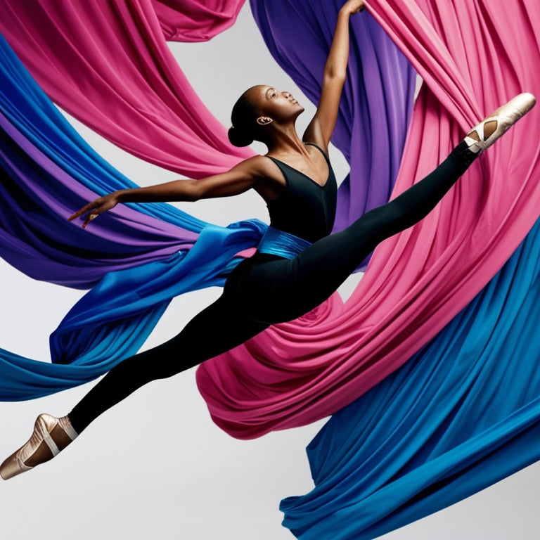 A whimsical illustration of a dancer in mid-leap, surrounded by swirling fabrics in shades of pink, purple, and blue, blending into a fusion of ballet, hip-hop, and contemporary dance styles.