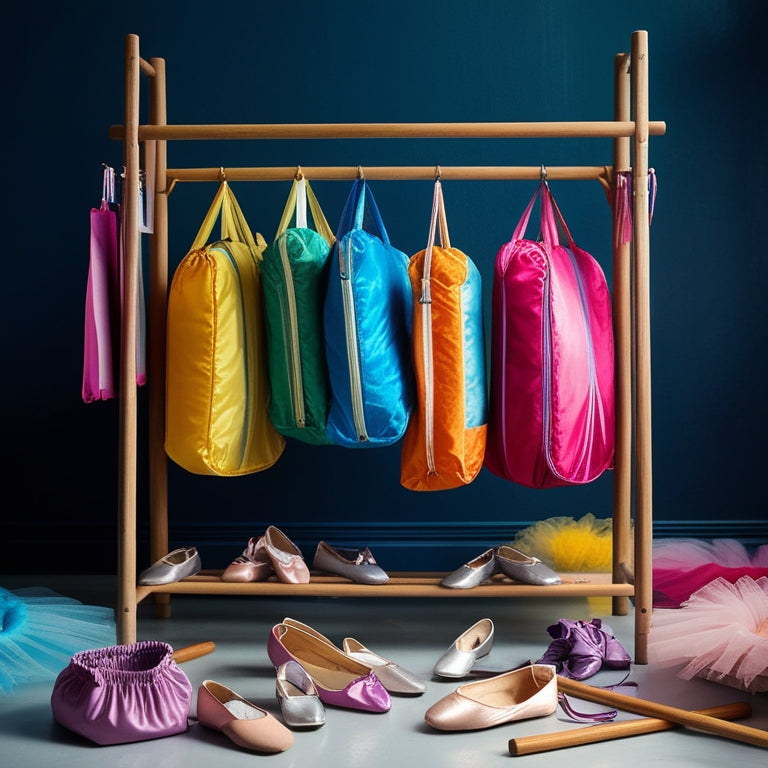 A whimsical illustration of a dancer's studio, featuring various colorful dance garment bags hanging from a wooden rack, surrounded by scattered dance shoes, tutus, and ballet bars.
