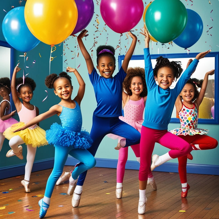 A whimsical illustration of a group of diverse children, aged 4-10, dressed in vibrant dance attire, twirling and leaping amidst colorful balloons and confetti, surrounded by dance studio mirrors and wooden floors.