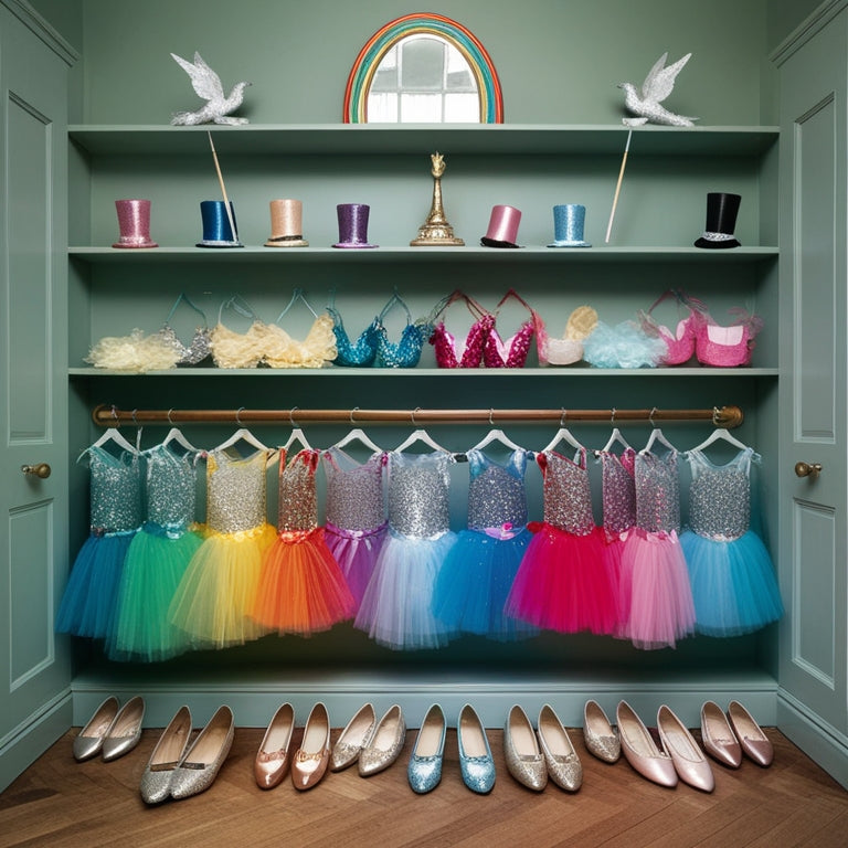 A whimsical illustration of a tidy dressing room with a rainbow of tutus, sparkly leotards, and glittering ballet shoes, surrounded by wands, wings, and tiny top hats on a shelf.