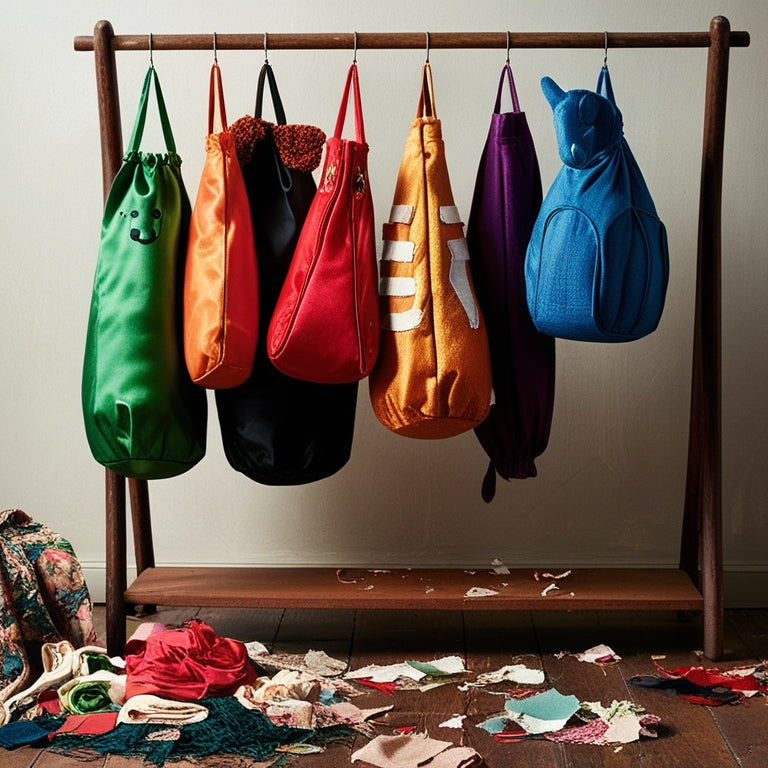 A whimsical illustration of assorted colorful costume bags, some shaped like animals or objects, hanging from a wooden rack, surrounded by scattered fabric scraps and threads.