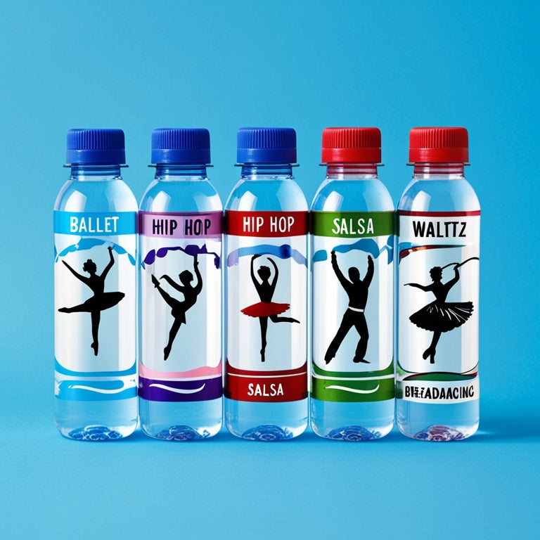 A whimsical illustration of five transparent water bottles, each with a different dance style-inspired design, such as ballet, hip hop, salsa, waltz, and breakdancing, set against a bright blue background.