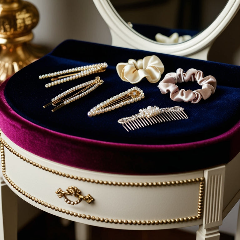 A whimsical still life featuring a velvet-covered vanity adorned with an assortment of hair accessories, including pearl-embellished hairpins, silk scrunchies, and a delicate silver hair comb.