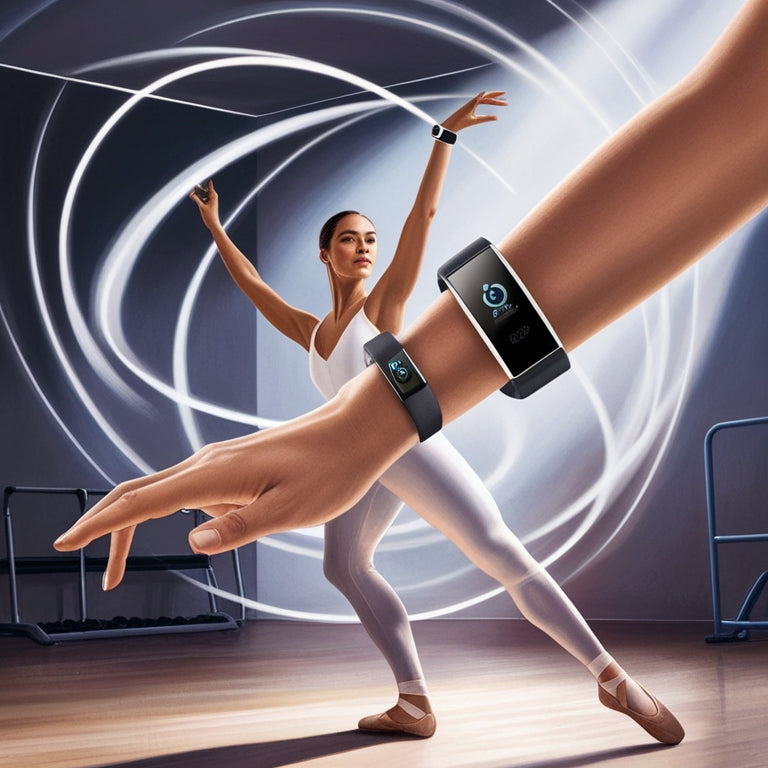 An illustration of a ballet dancer in motion, wearing a sleek fitness tracker on their wrist, surrounded by swirling dance studio lights, with subtle shadows of exercise equipment in the background.