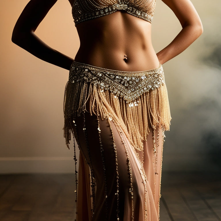 Generate an image of a belly dancer's hips adorned with a flowing, intricately beaded and sequined scarf, shimmering under soft, golden lighting, with a subtle, misty background.