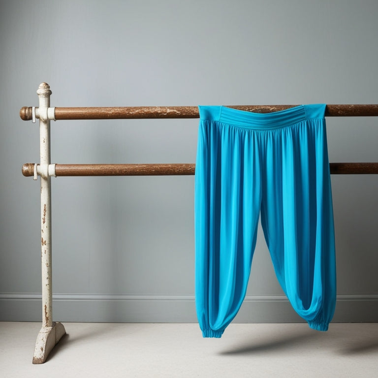 Generate an image of a pair of bright, electric blue dance pants with loose, flowing legs and an oversized waistband, draped over a worn, wooden ballet barre against a soft, gray background.