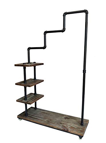 Commercial Rolling Clothing Rack with Wheels,Industrial Pipe Garment Rack,Retail Clothing Display Rack with 4 Wood Shelves