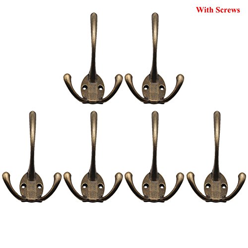 6Pcs Zinc Alloy Wall Mounted Coat Hooks with 3 Flared Prongs Wall Hanging Coat Hangers with Screws (Bronze)