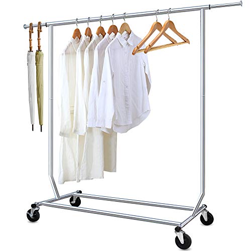 Clothing Garment Rack Heavy Duty Capacity 300 lbs Adjustable Rolling Commercial Grade Steel Extendable Hanger Drying Organizer Chrome Finish Storage Shelf With Wheels, Single Rod