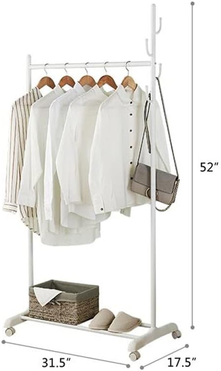 2-in-1 Clothes Coat Rack Rolling Garment Rack with Bottom Shelves-White Versatile Rack Durable Structure