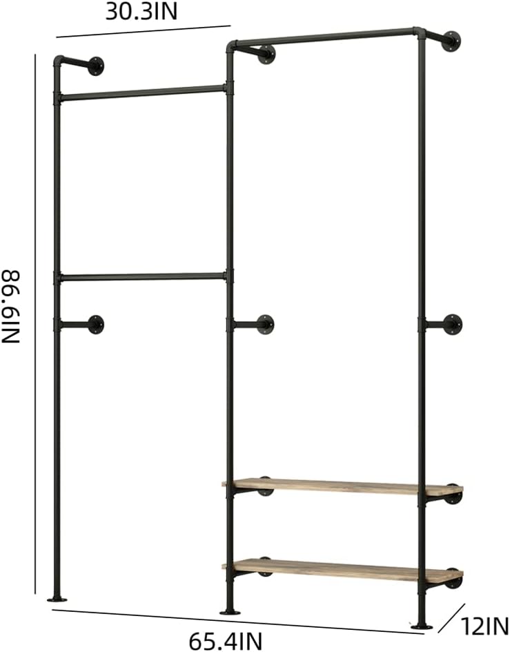 Industrial Pipe Clothing Rack Wall Mounted, Double Hanging Rods Clothes Rack with Shelves, Clothes Rack for Wardrobe, Bedroom and as walk-in Closet System, Heavy Duty Hanging Clothes Rack(Black)
