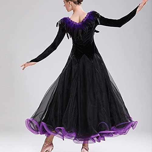 Dance Performance Costume Long Sleeve Feather Big Hemlines Dress Ballroom National Standard Waltz Dance Wear (Color : Purple, Size : XL Code)