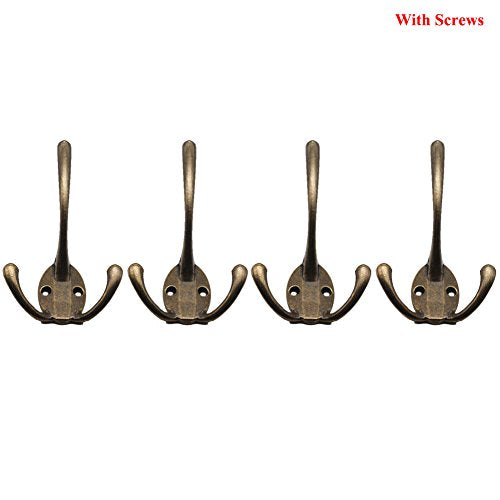 4Pcs Zinc Alloy Wall Mounted Coat Hooks with 3 Flared Prongs Wall Hanging Coat Hangers with Screws (Bronze)