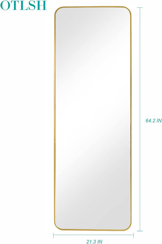 Full Length Mirror,Floor Mirror with Stand, Rounded Corner Standing Mirror, Full Body Mirror, Large Wall Mirror, Freestanding, Wall Mounted, Aluminum Alloy Frame, 64.2"×21.3" - Gold