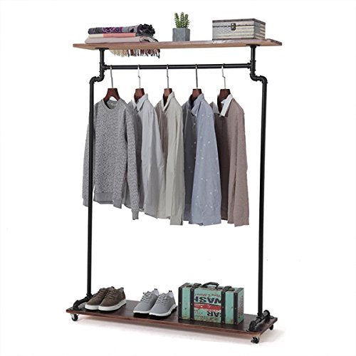 Industrial Pipe Shelves Vintage Rolling Clothing Rack with Wheels Shoe Bag Shelf,Heavy Duty Commercial Grade Free Standing Garment Racks,Closet Steampunk Storage Decor 47''W x 60''H